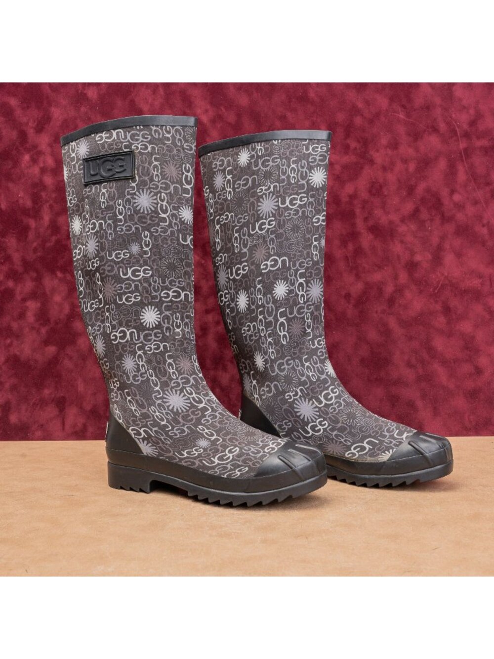 UGG Women Multi Logo Black Wellies Rain Rubber Festival Knee Boots sz 8
